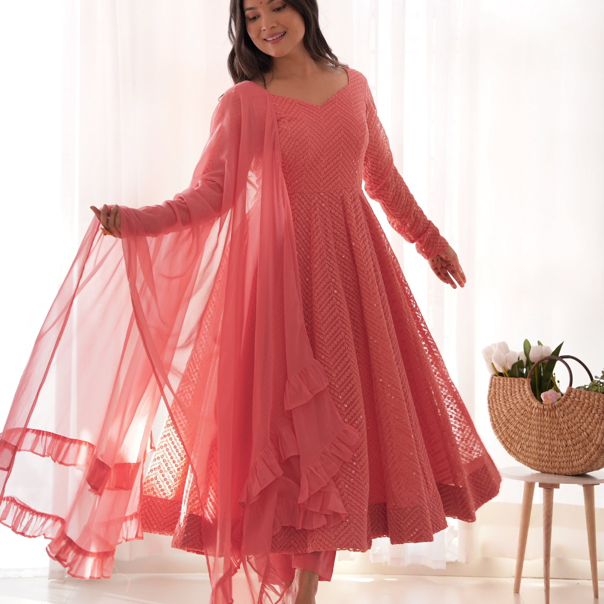 Dark Peach Color Georgette Lucknowi Three Piece Anarkali Suit