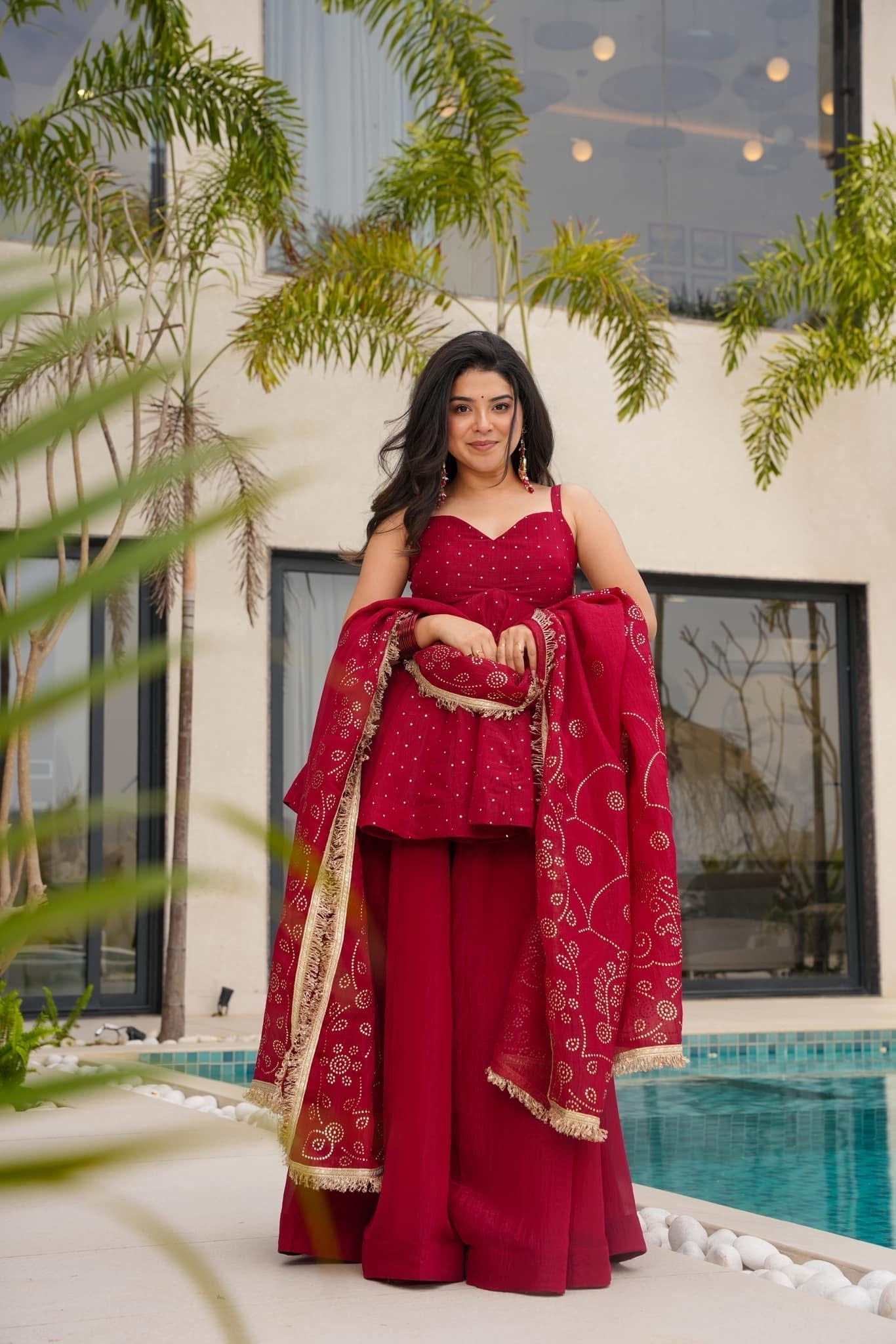 Amazing Organza Mukesh Work Red Color Palazzo Suit
