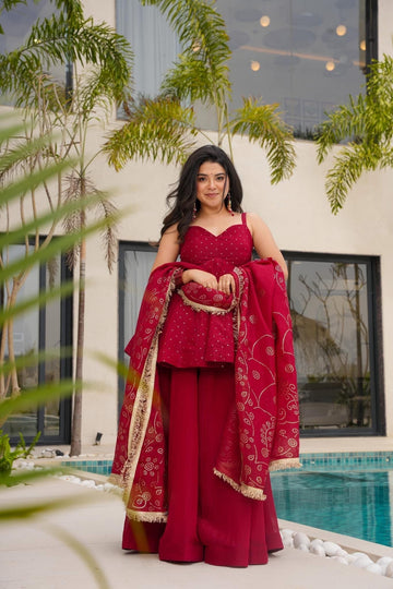 Amazing Organza Mukesh Work Red Color Palazzo Suit