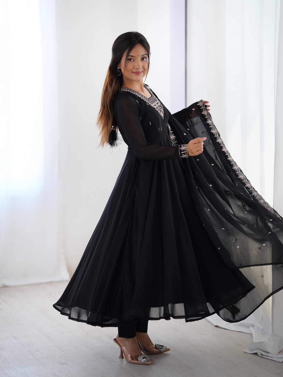 Black Color Georgette Embroidered Three Piece Anarkali Suit