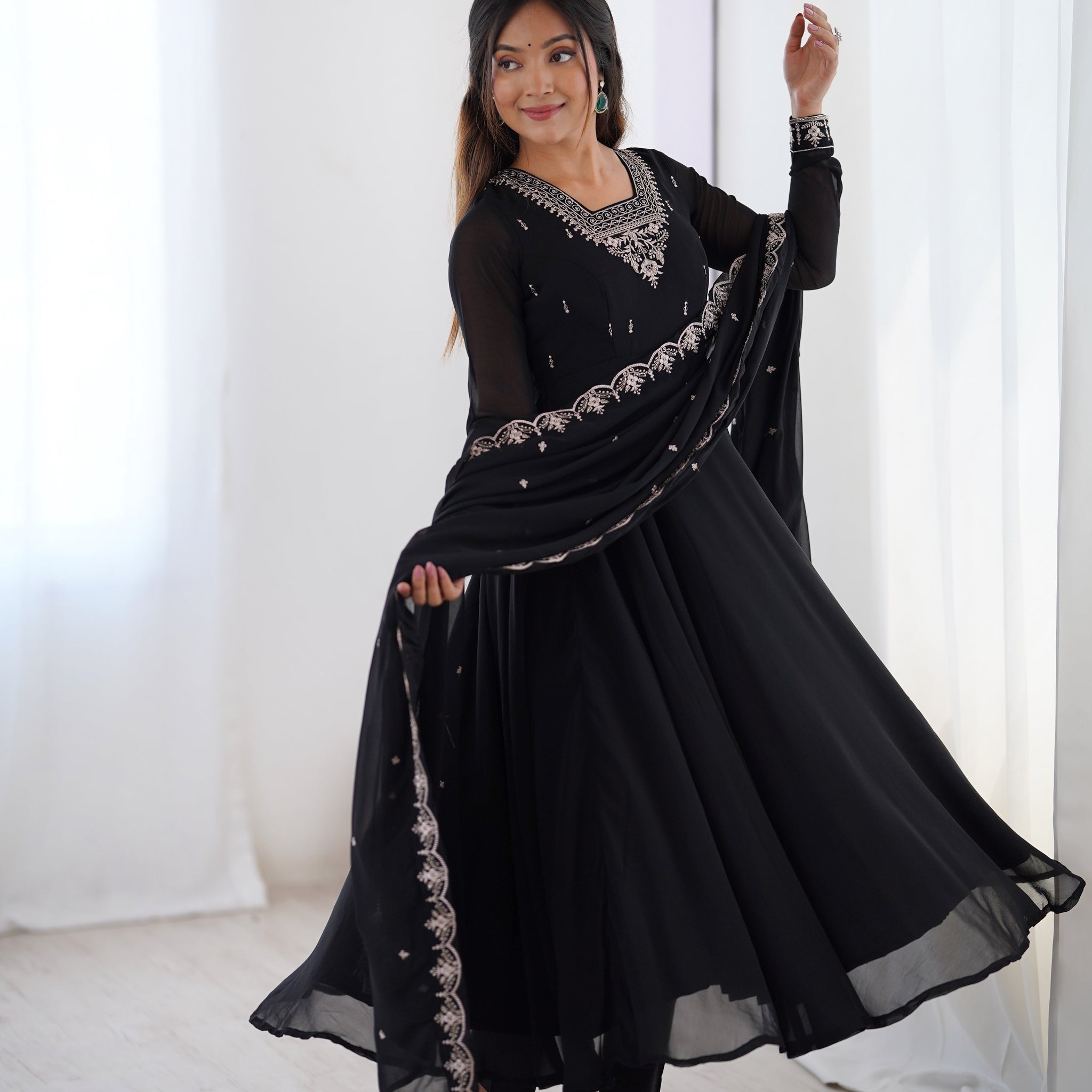 Black Color Georgette Embroidered Three Piece Anarkali Suit