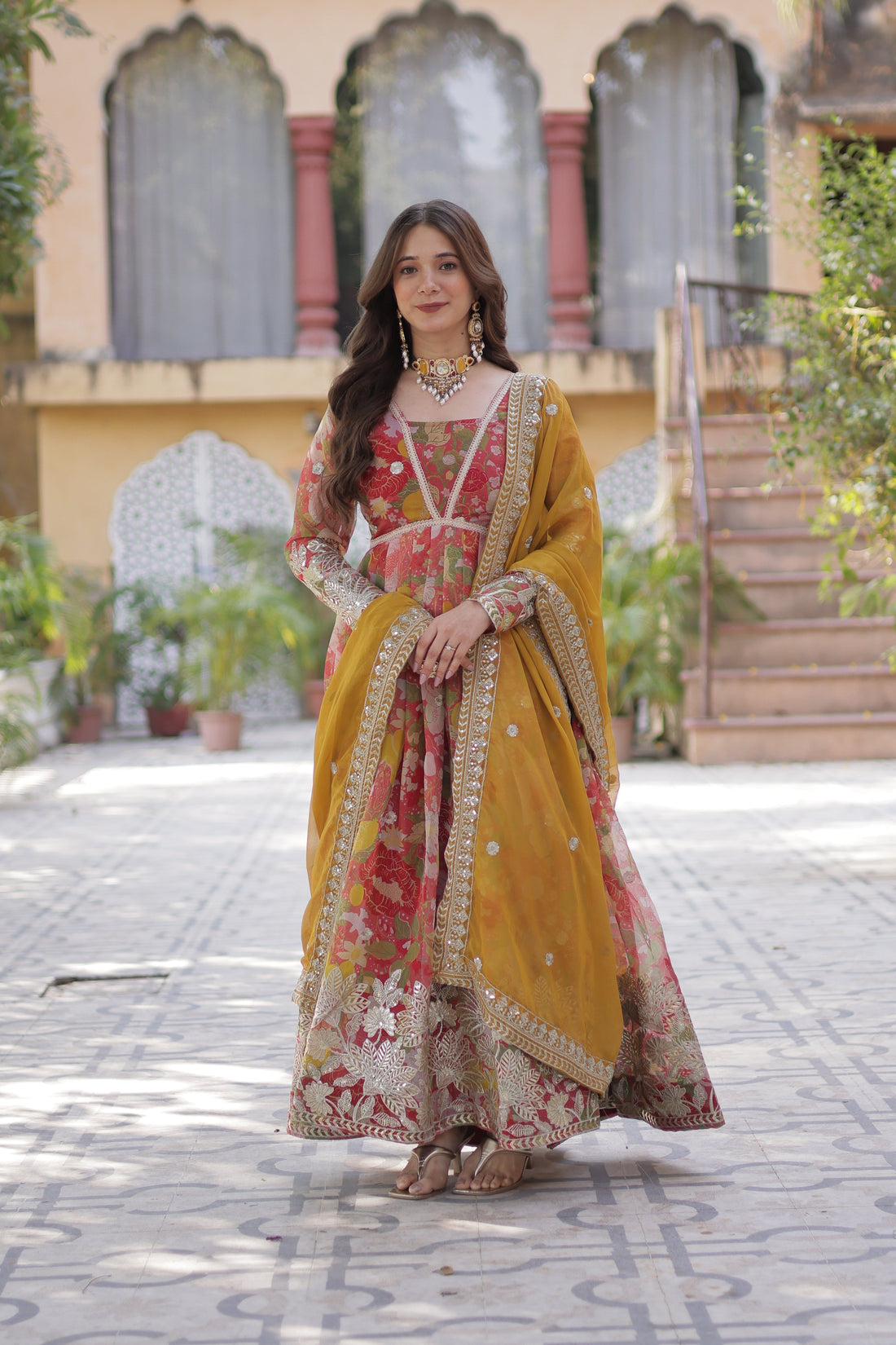 Pinkish Red Color Alia Cut Embroidered Gown With Dupatta