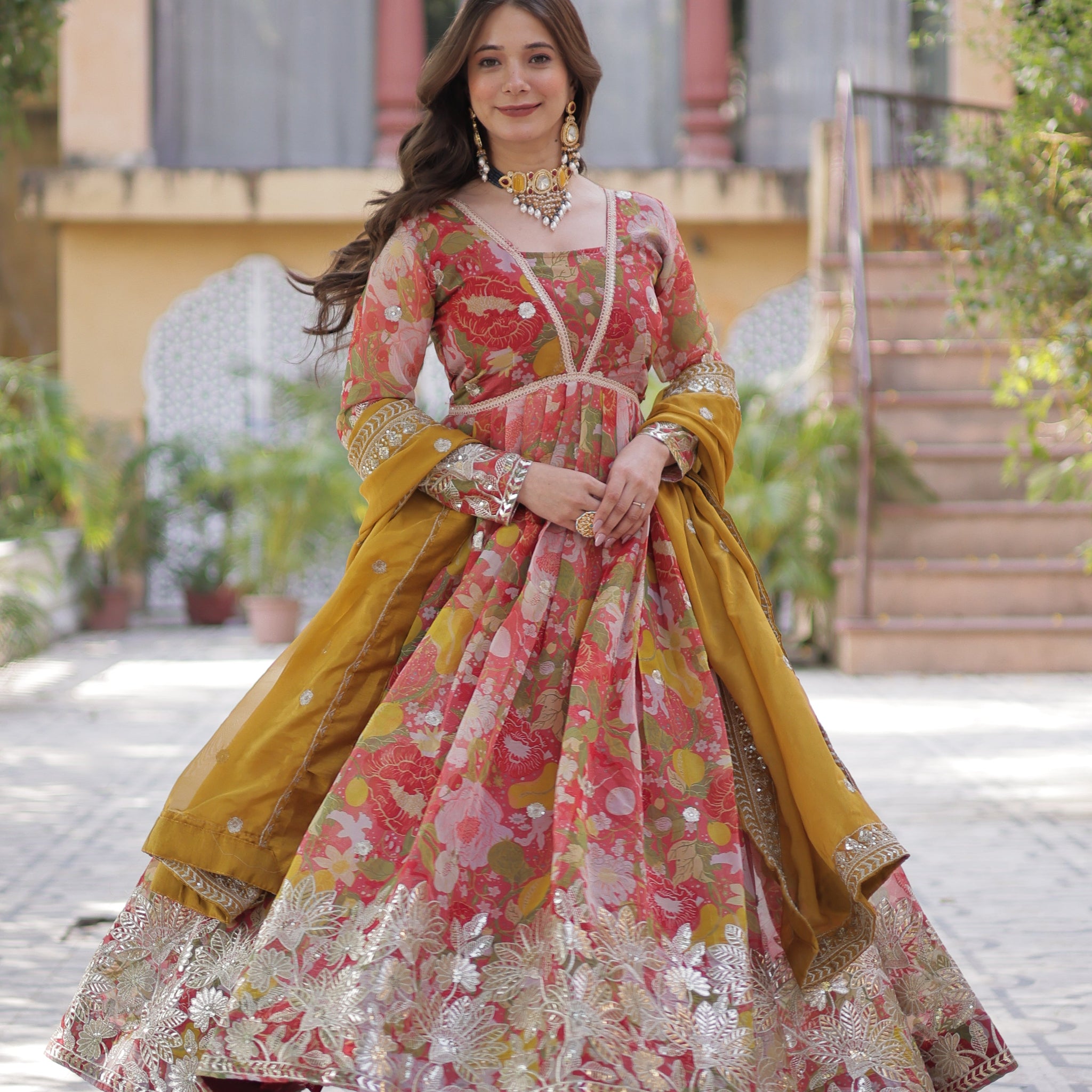Pinkish Red Color Alia Cut Embroidered Gown With Dupatta