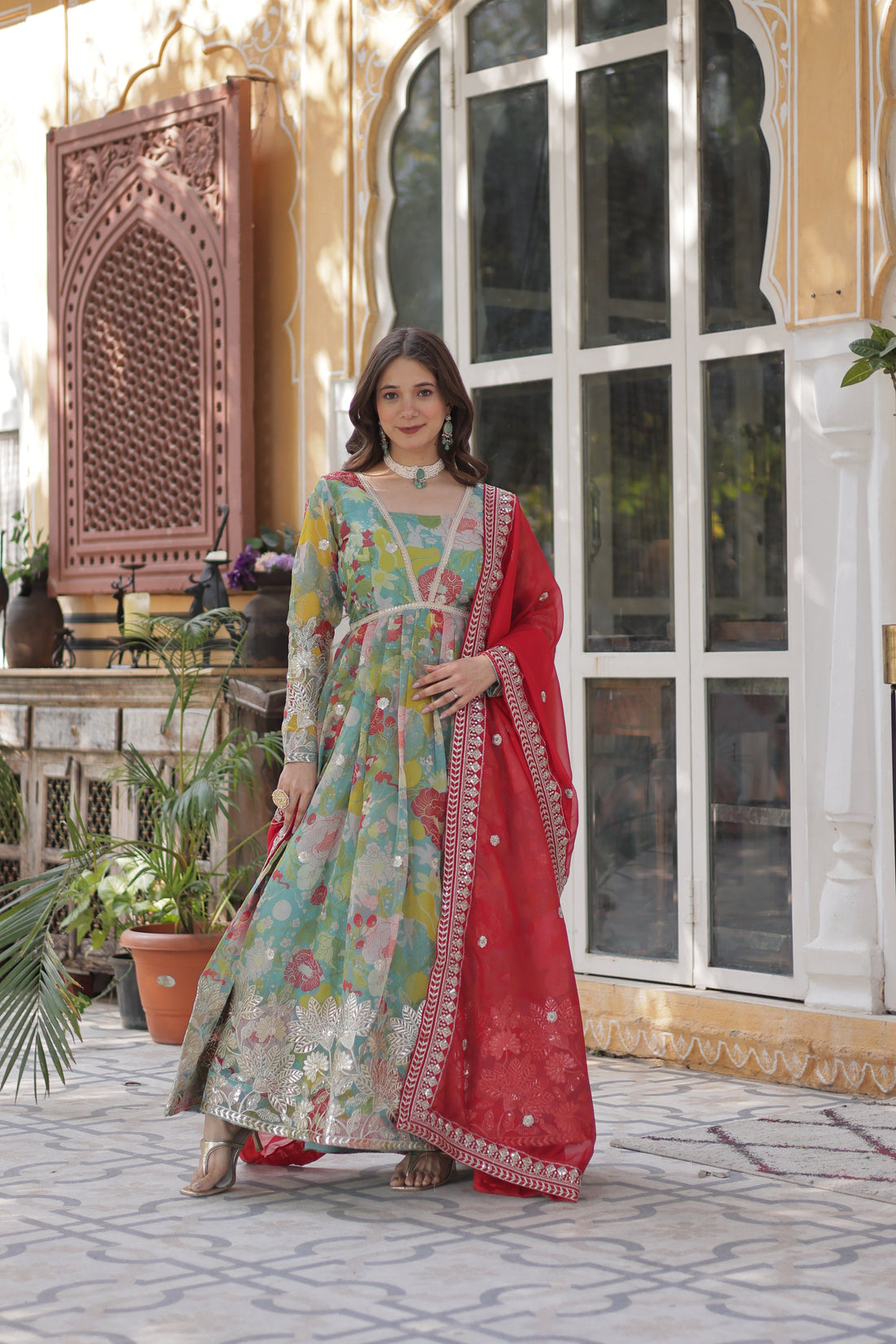 Lime Green Color Alia Cut Embroidered Gown With Dupatta