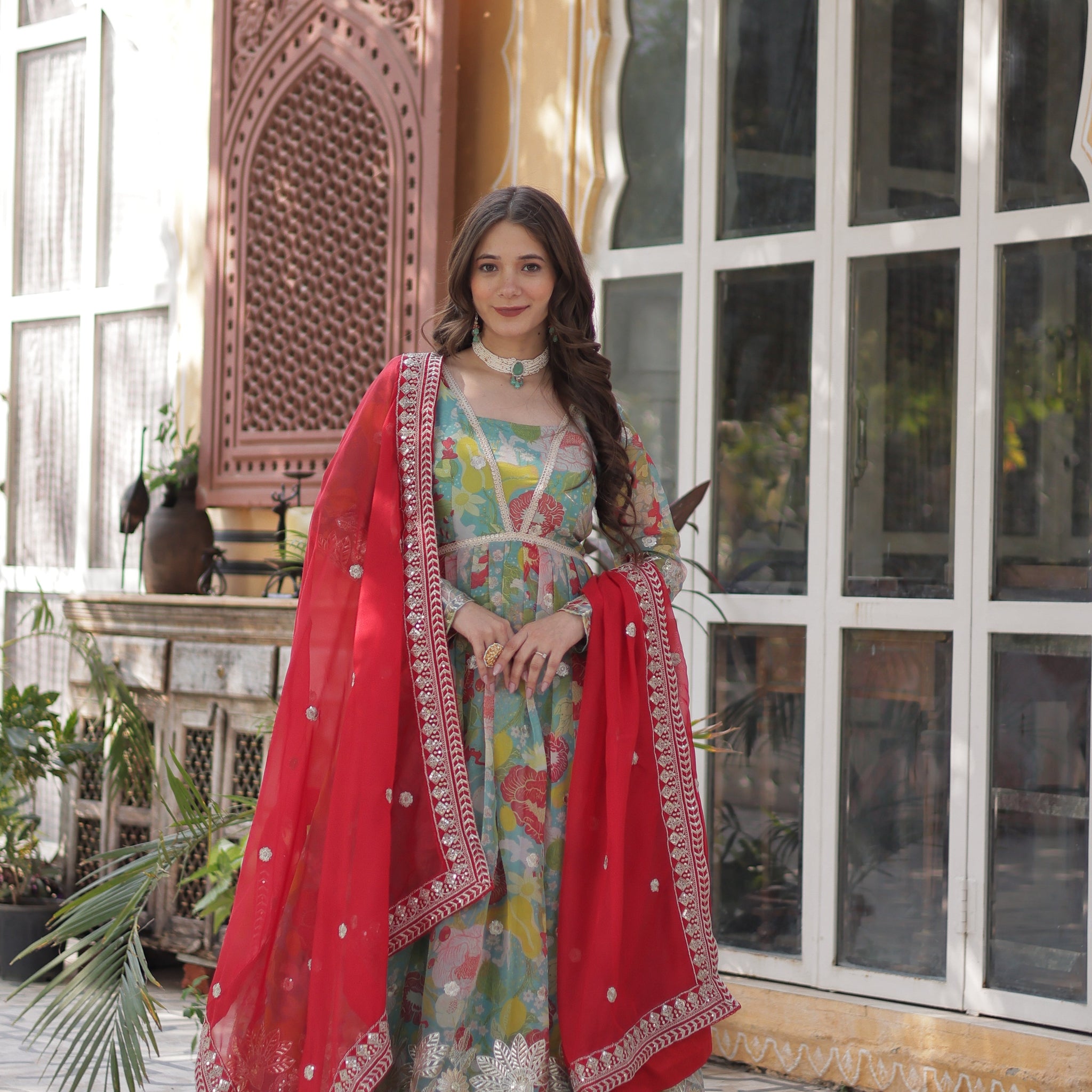 Lime Green Color Alia Cut Embroidered Gown With Dupatta