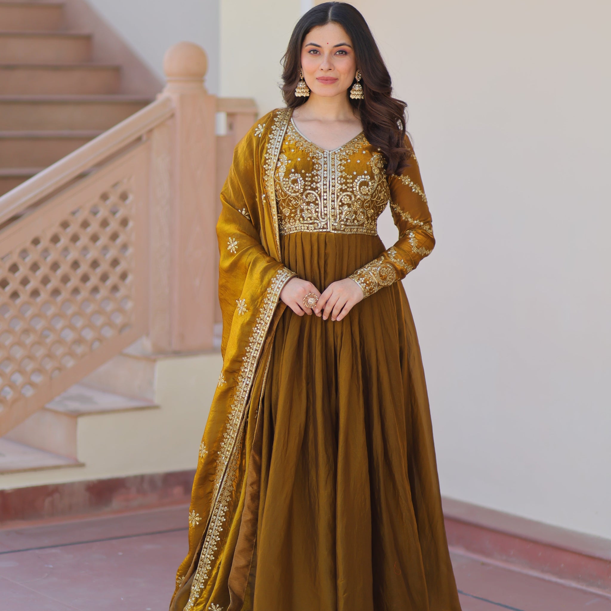 Mehndi Color Fendi Embroidered Gown