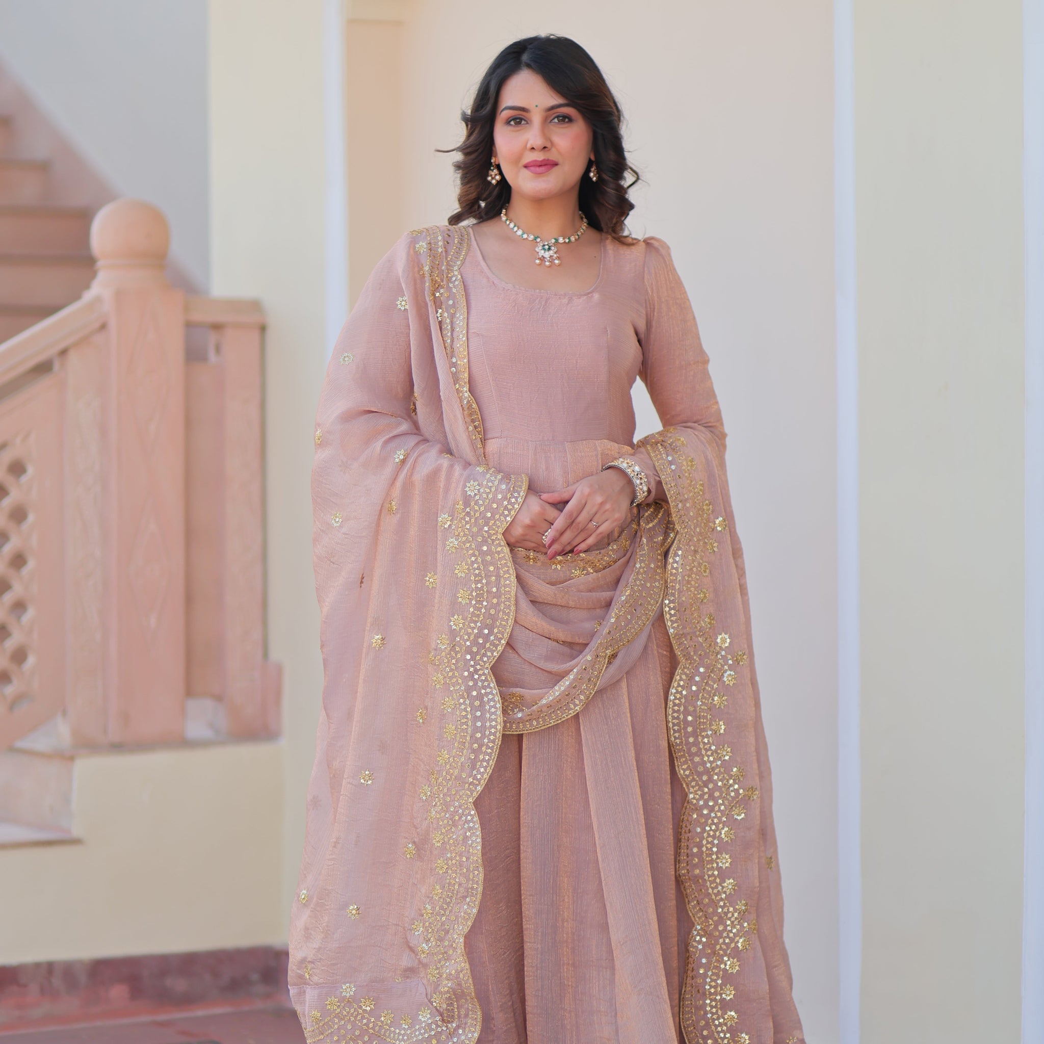 Varnika Fendy Chiffon gown with Sequins-Multi Embroidered Work Dupatta