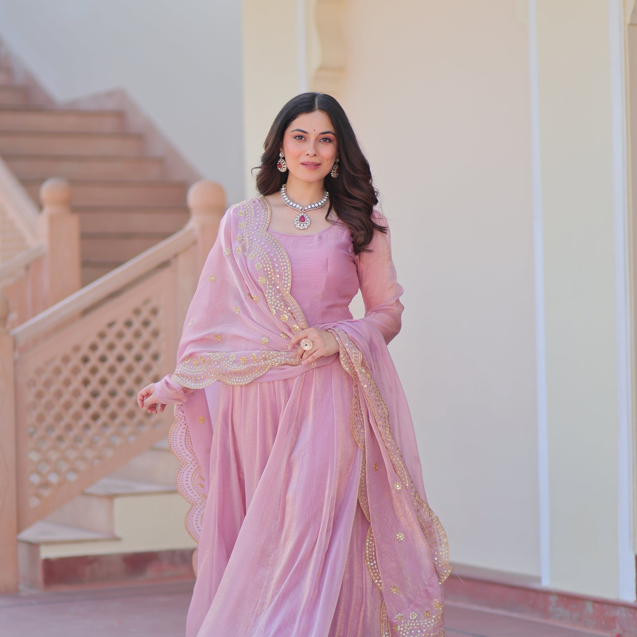 Pink Chiffon Long Gown With Dupatta