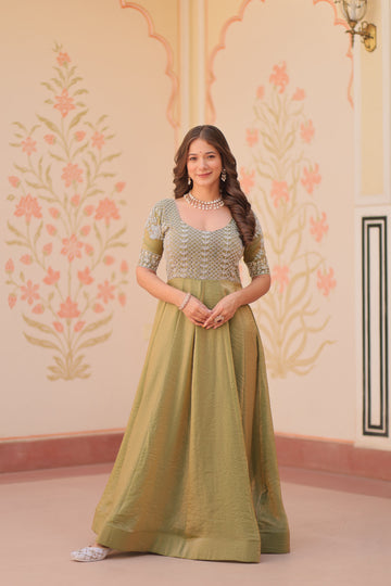 Mehndi Color Fendi Embroidered work Gown