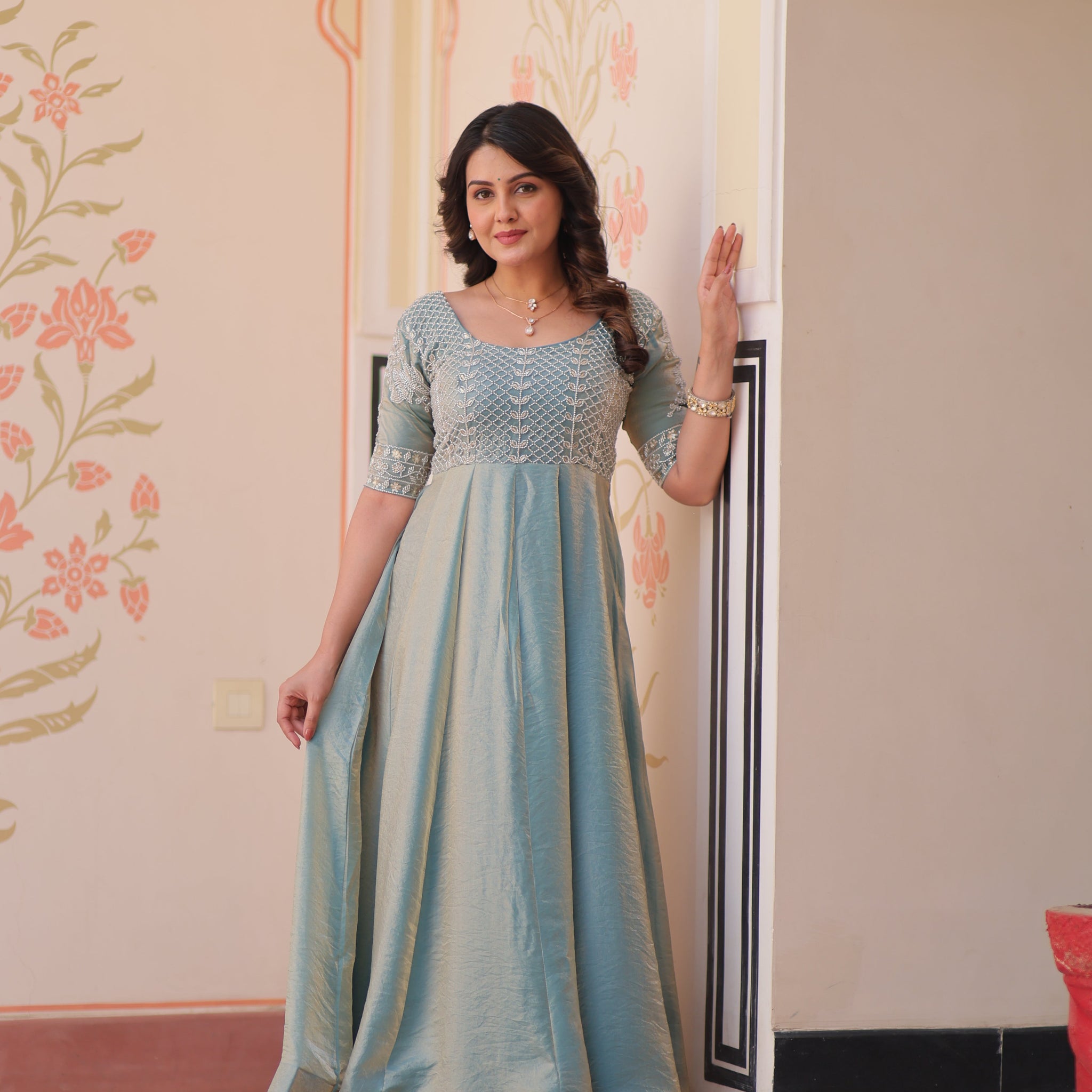 Sky Blue Color Fendi Embroidered work Gown