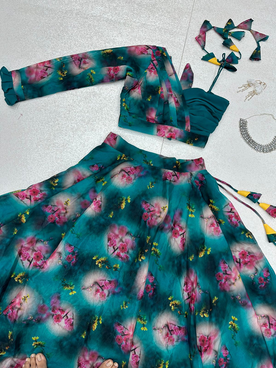 Floral Printed Teal Blue Color Lehenga With One Shoulder Blouse