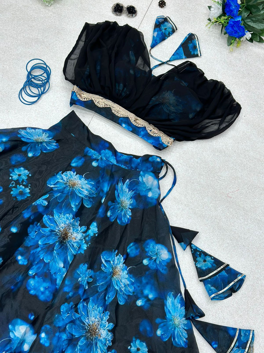 Outstanding Blue Color Organza Crop Top With Lehenga
