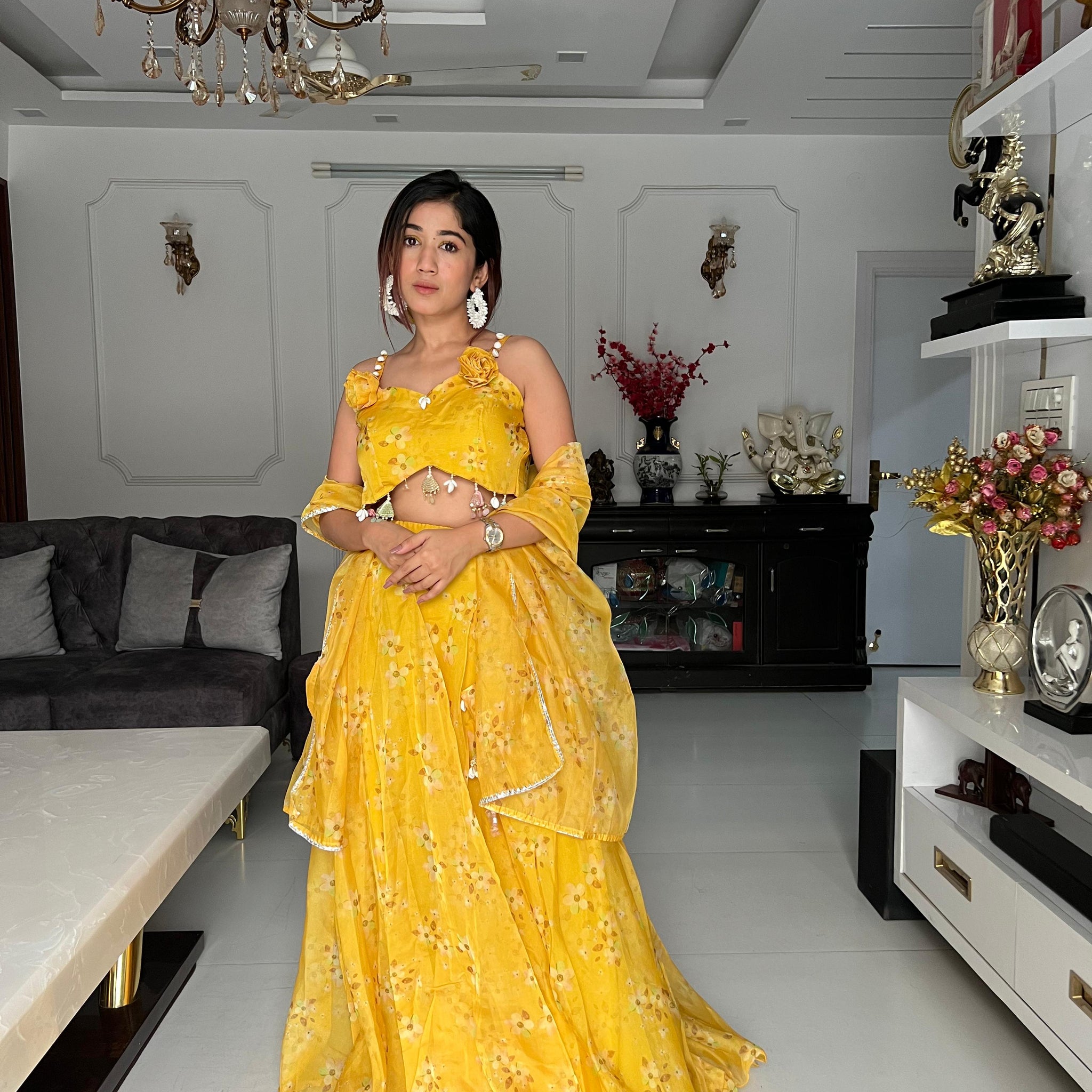 Glimmering Haldi wear Yellow Color Jimmy Organza Lehenga Choli