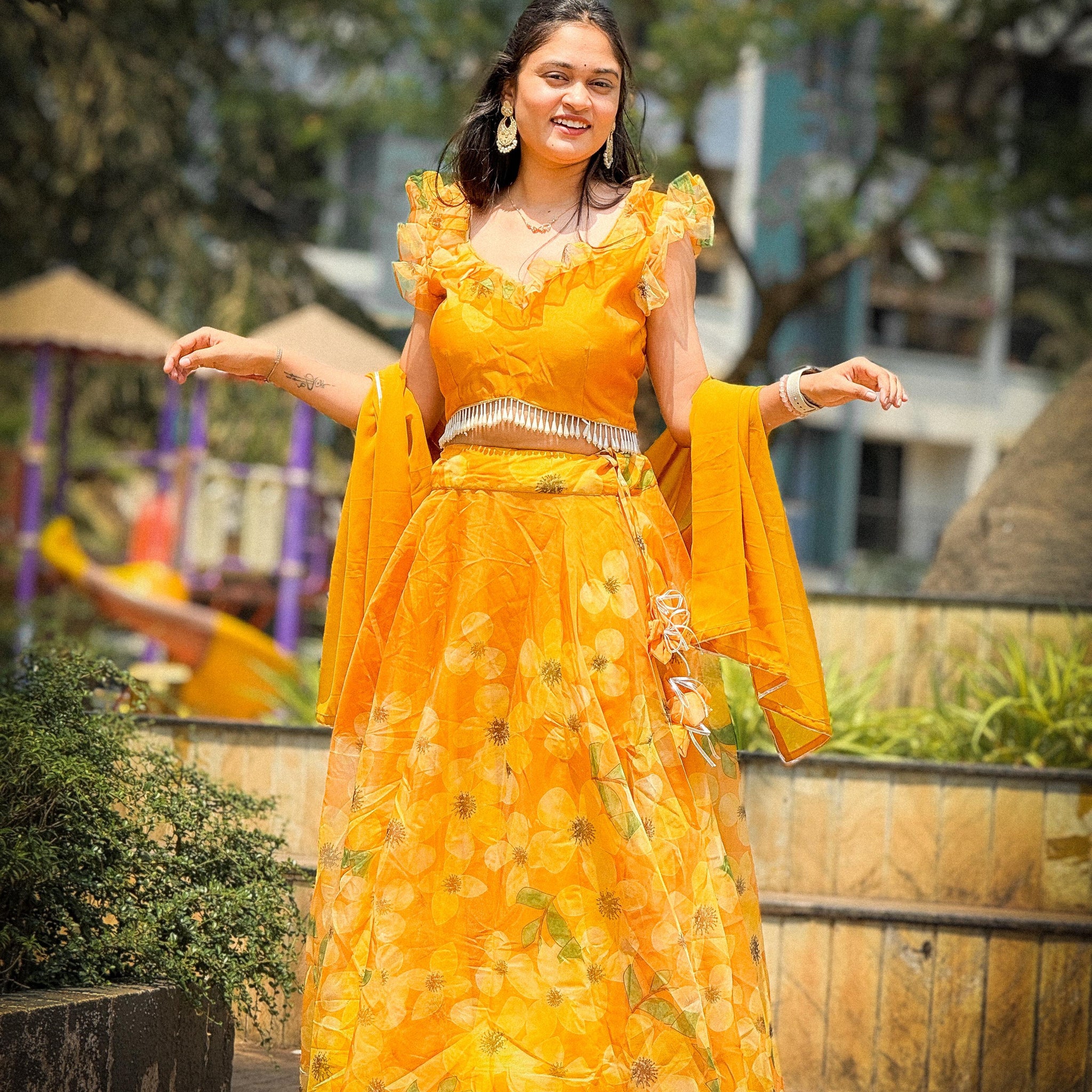 Yellow Organza Silk Flower Printed Lehenga Choli