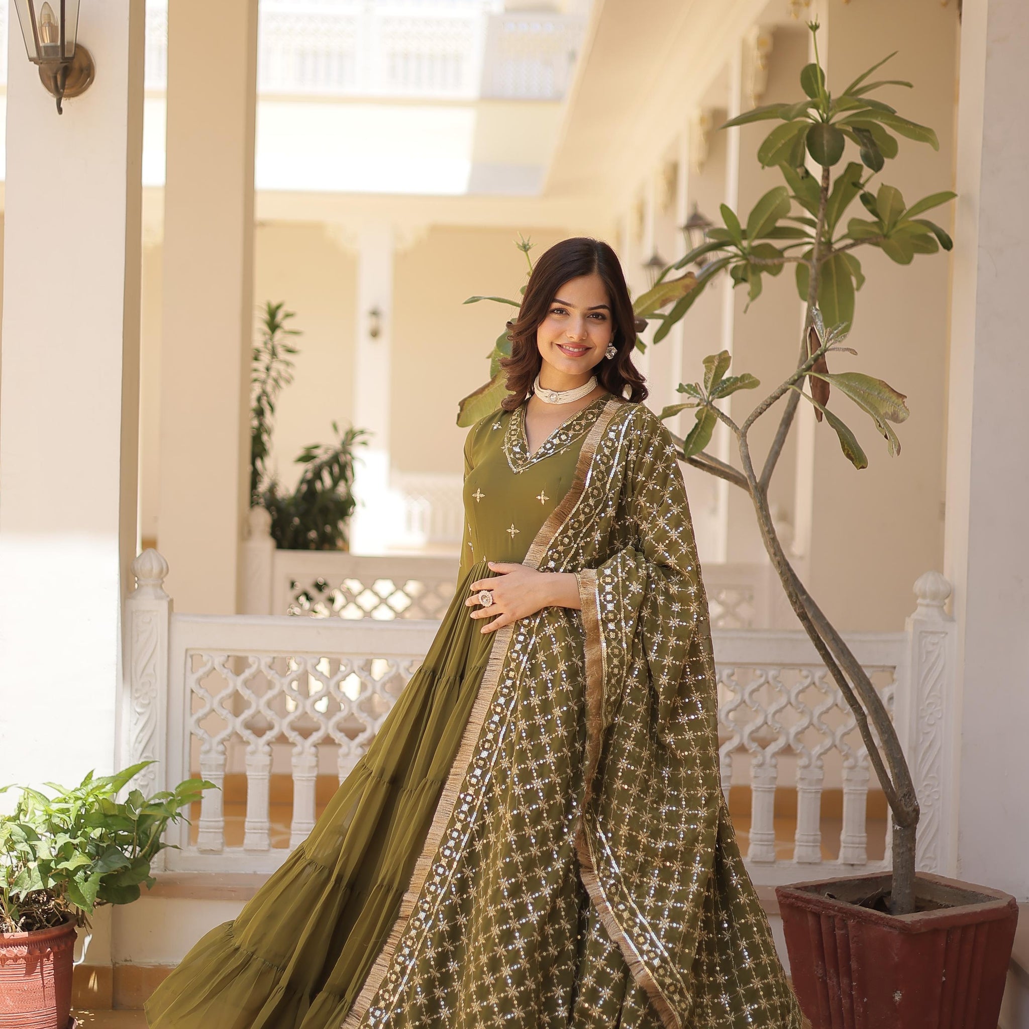 Festive Wear Attractive Sequins Mehndi Color Five Layer Anarkali Gown With Dupatta