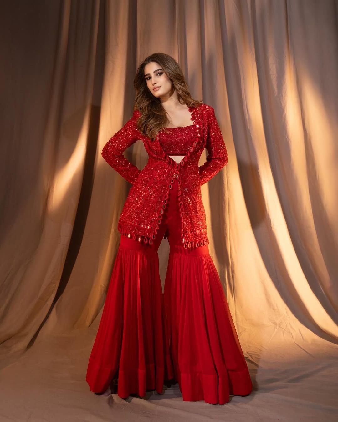 Red Georgette Aura Three Piece Jacket Set