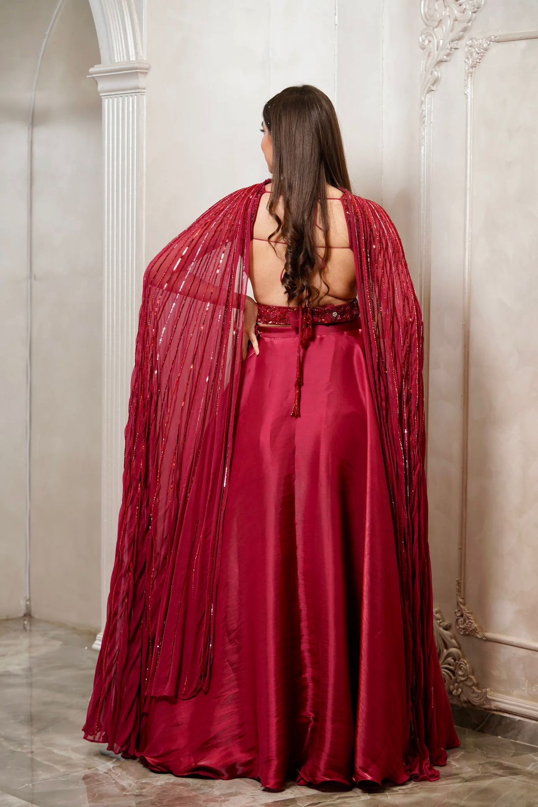 Burberry Falling cape Lehenga Set