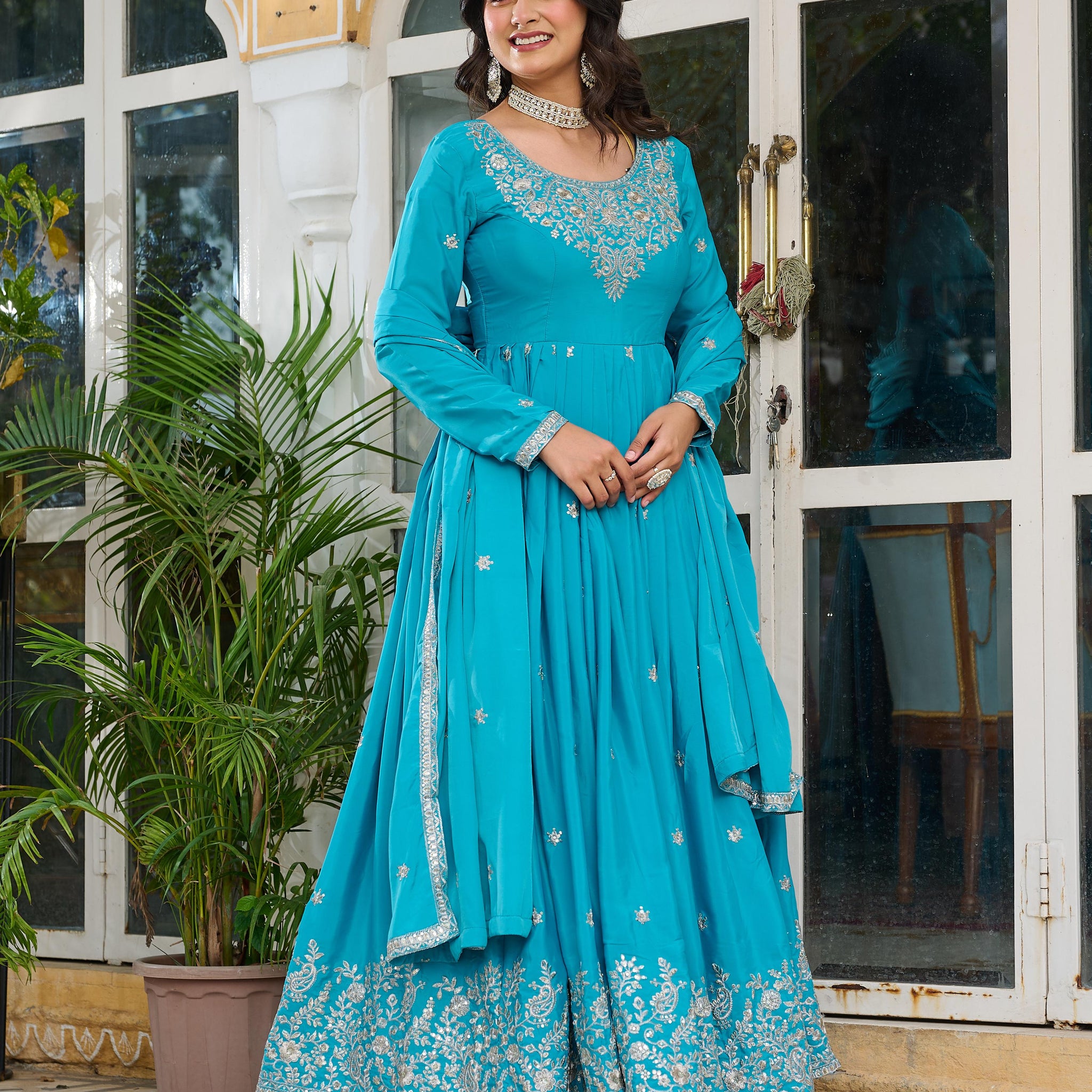 Sky Blue Color American Silk Thred with Sequnce work Gown