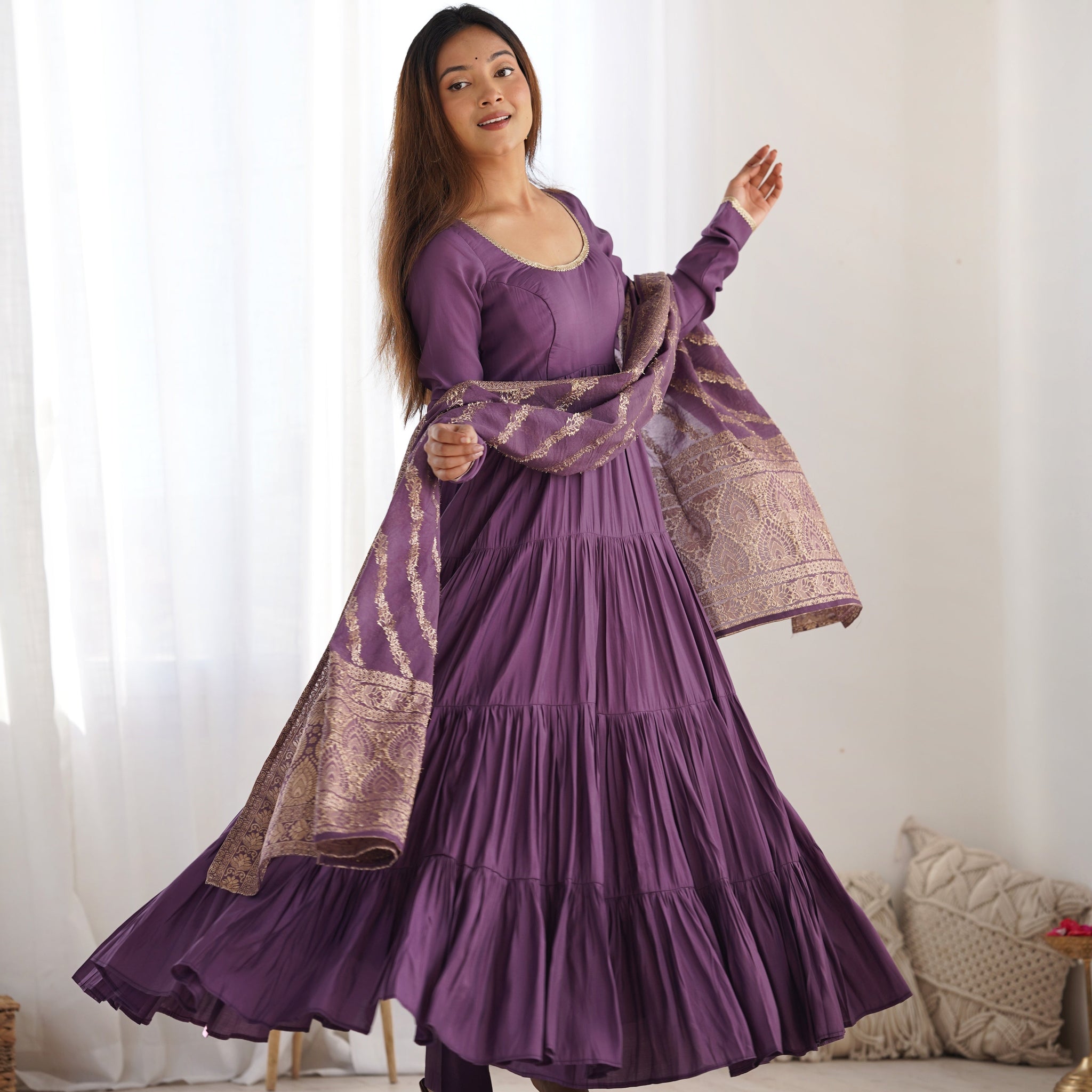 Dusty Purple Color Pure Roman Silk Ruffle Style Anarkali Suit