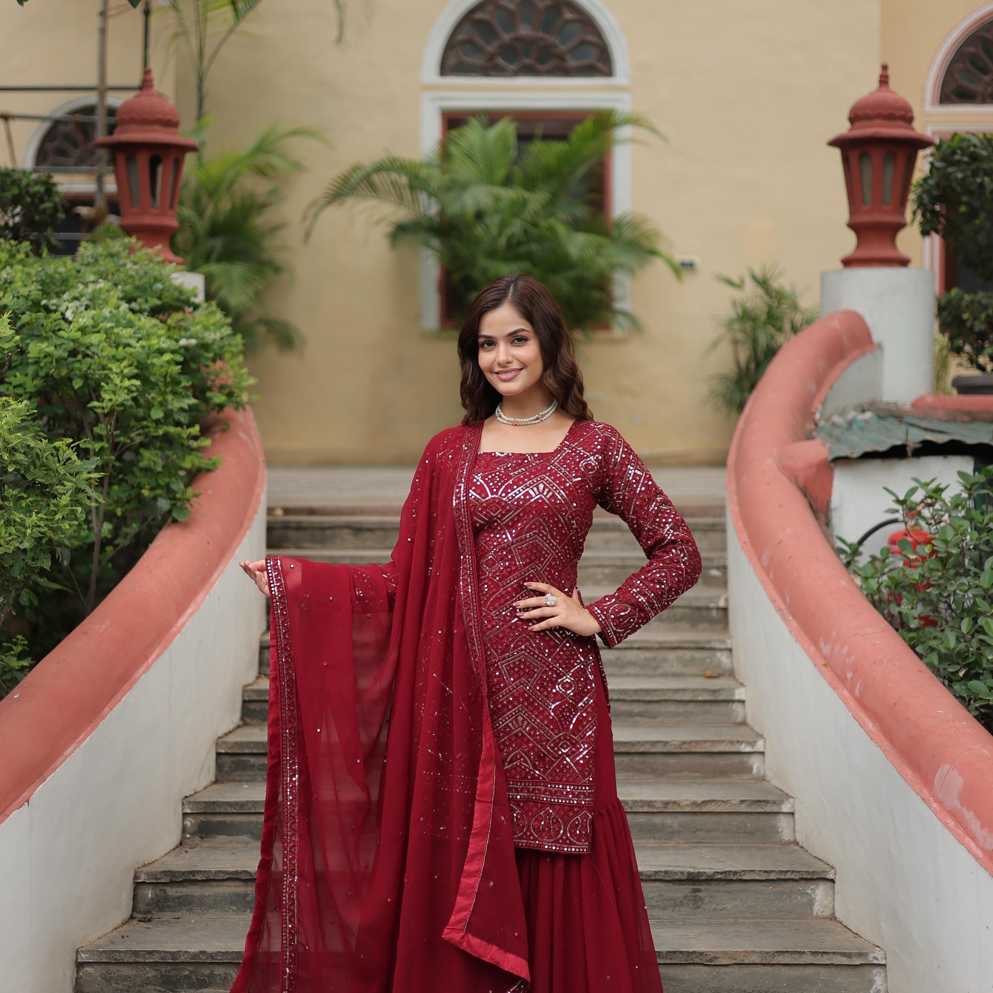 Maroon Color Faux Georgette Embroidered Sharara Suit