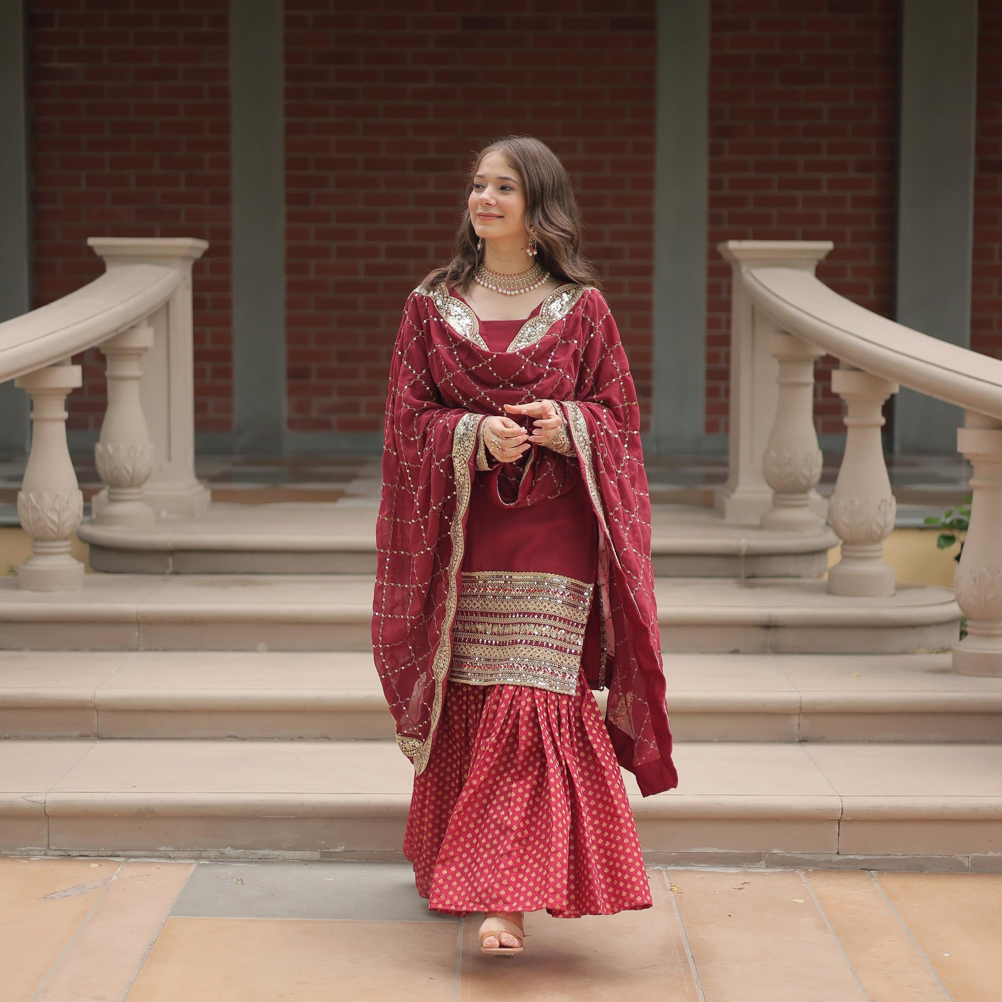 Maroon Color Georgette And Jacquard Sharara Suit