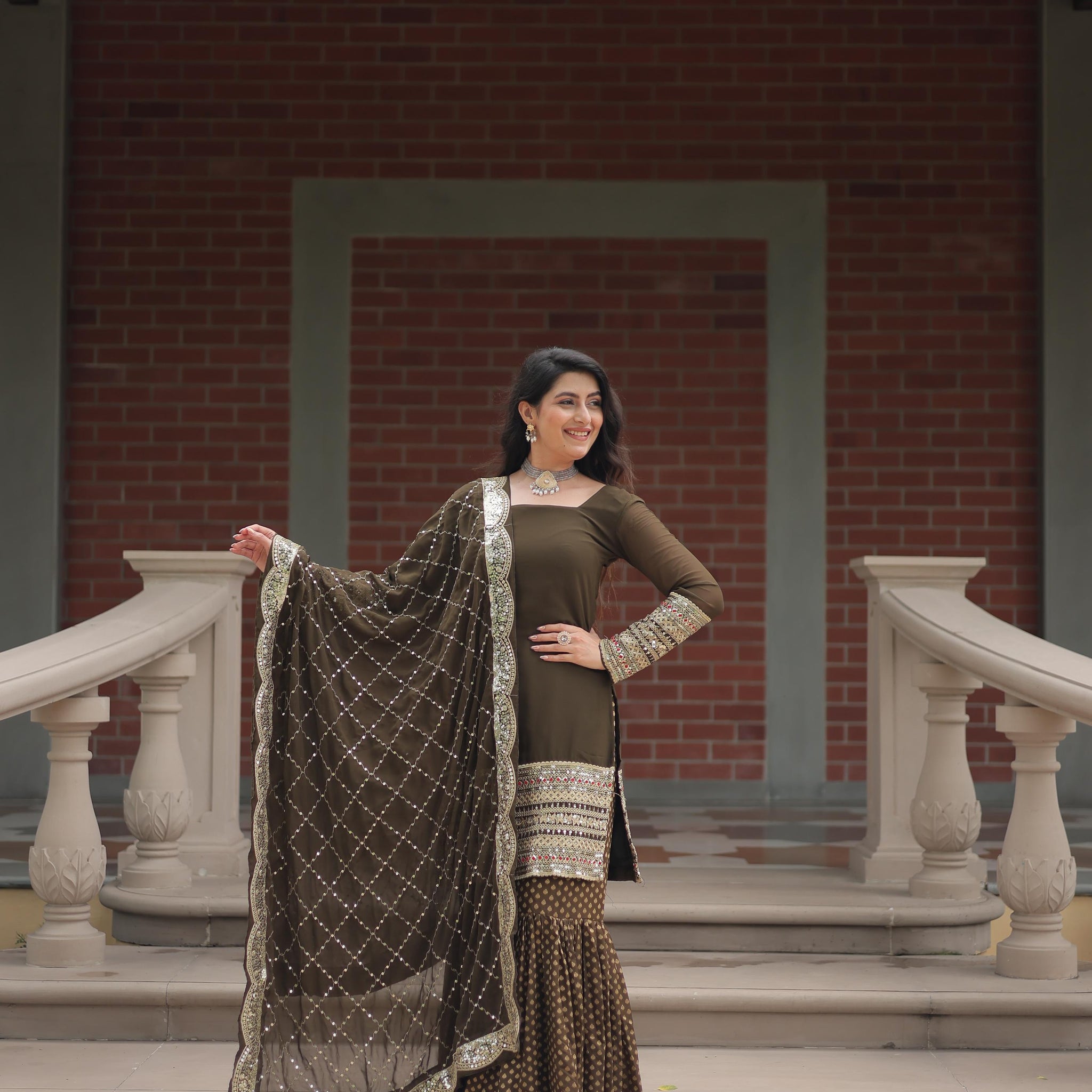 Mehndi Color Georgette And Jacquard Sharara Suit