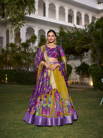Mustard Color Dola Silk Kalamkari Printed Lehenga Choli