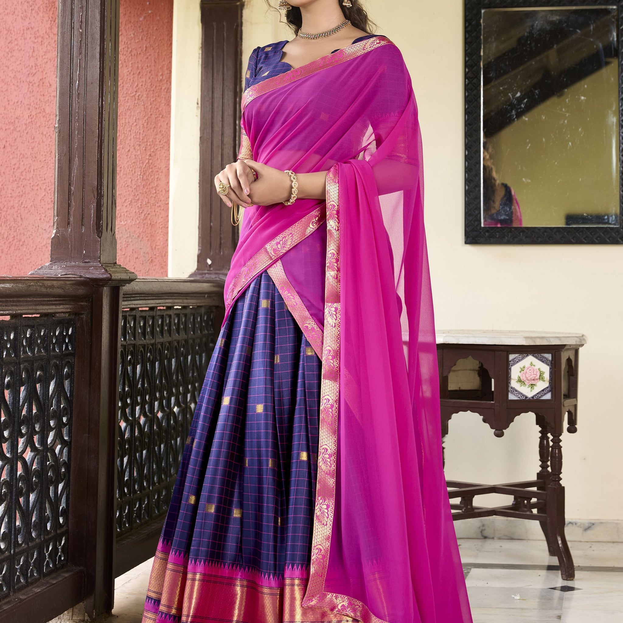 Navy Blue Color Cotton Silk Designer Lehenga Choli