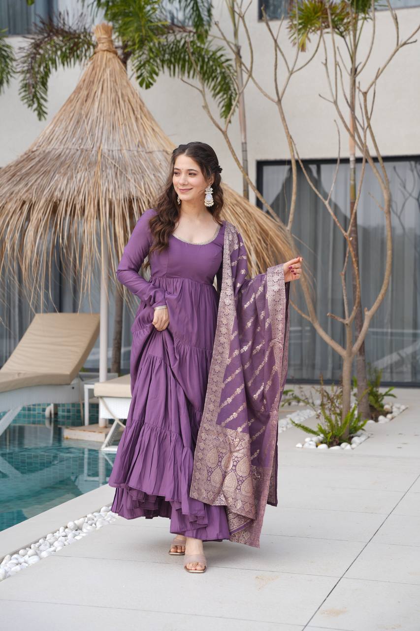 Dusty Purple Color Pure Chanderi Silk Frill Style Anarkali Suit