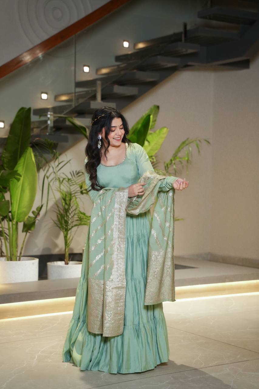 Gorgeous Pista Green Anarkali Gown With Banarasi Silk Dupatta