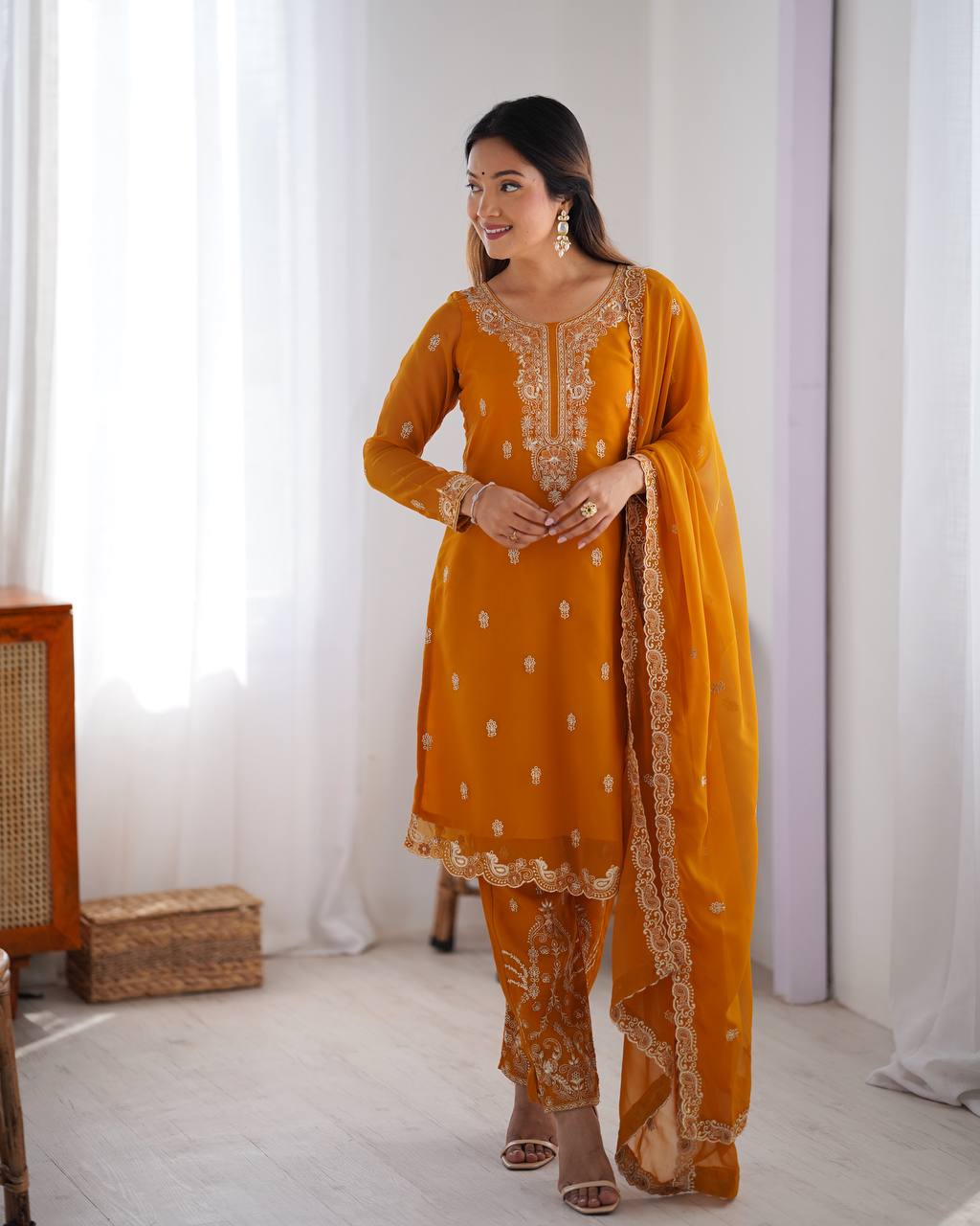 Yellow Color Chinon Silk Embroidered Three Piece Kurti Suit
