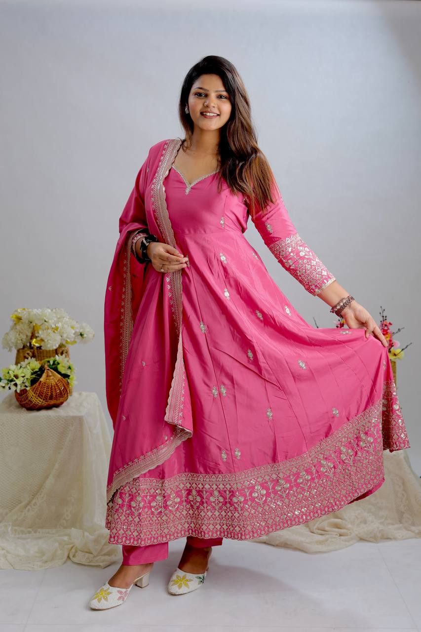 New Real Modling Pure Rangoli Silk Gown -Pent  Dupatta Set Fully Stitched Ready To Wear