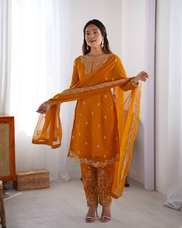 Yellow Color Chinon Silk Embroidered Three Piece Kurti Suit