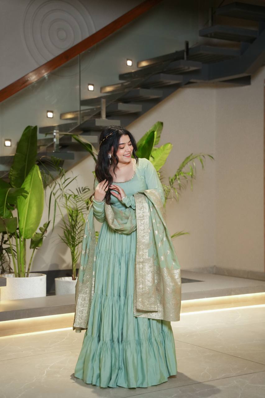 Gorgeous Pista Green Anarkali Gown With Banarasi Silk Dupatta