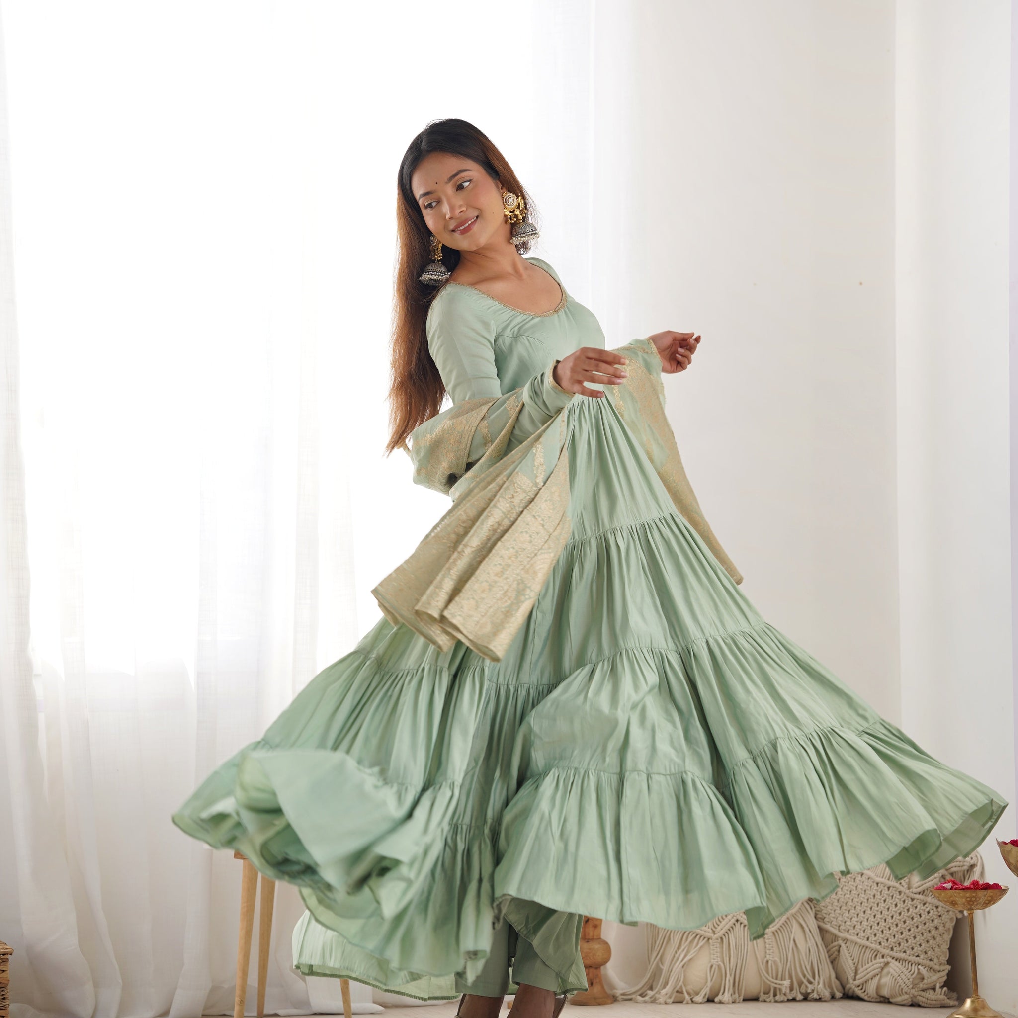Pista Color Pure Roman Silk Ruffle Style Anarkali Suit