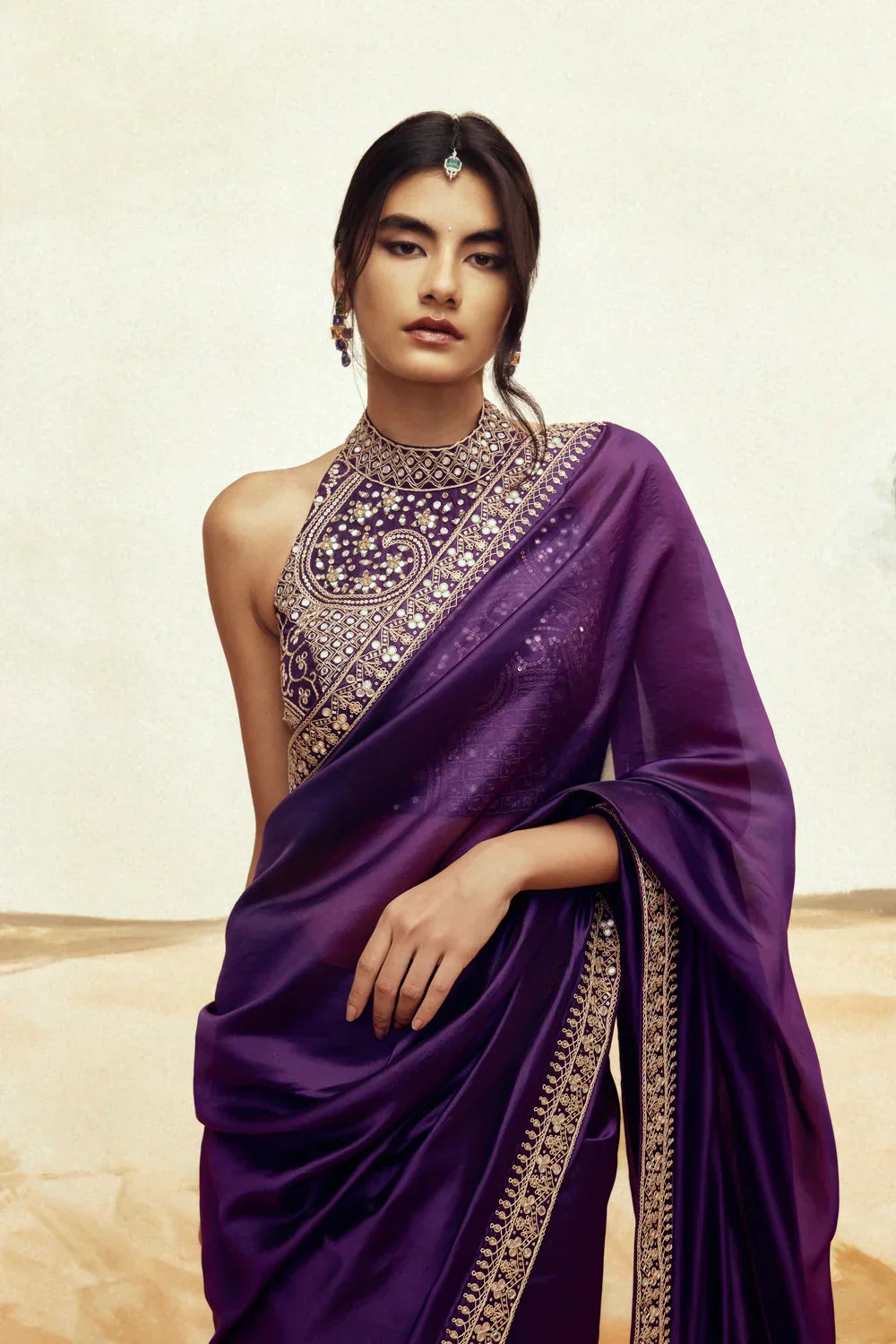 Designer Classic Baigani Silk Saree Set with Marodi & Mirror Work – Halter Neck Blouse