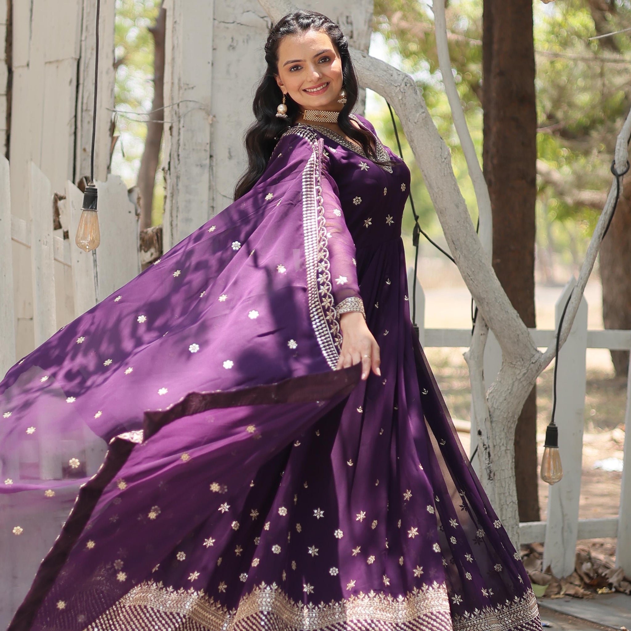 Purple Color Faux Blooming Rich Sequence Embroidered Gown