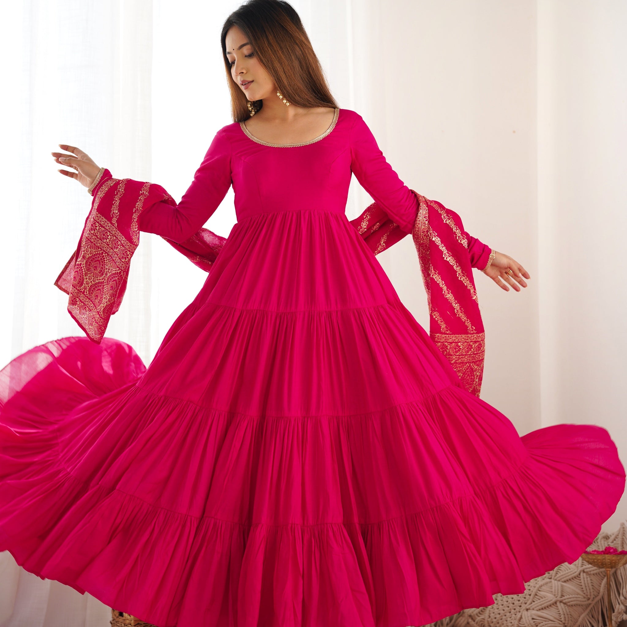 Rani Pink Color Pure Roman Silk Ruffle Style Anarkali Suit