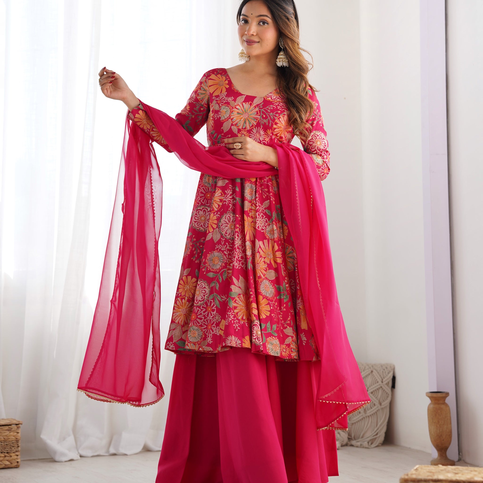 Rani Pink Color Raman silk Discharge Printed Plazzo Suit