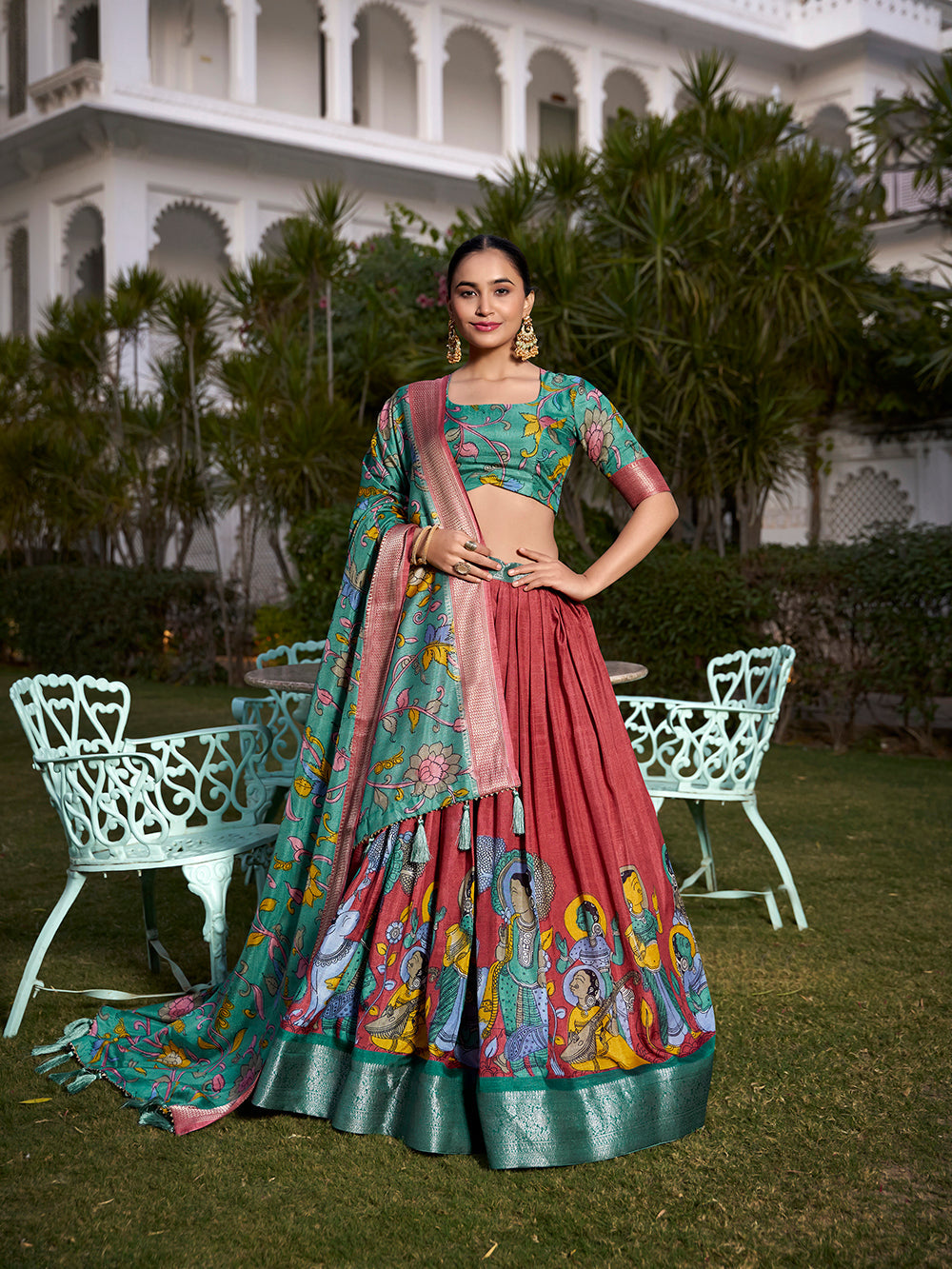 Salmon Color Kalamkari  Printed With Zari Weaving Border Dola Silk Lehenga Choli