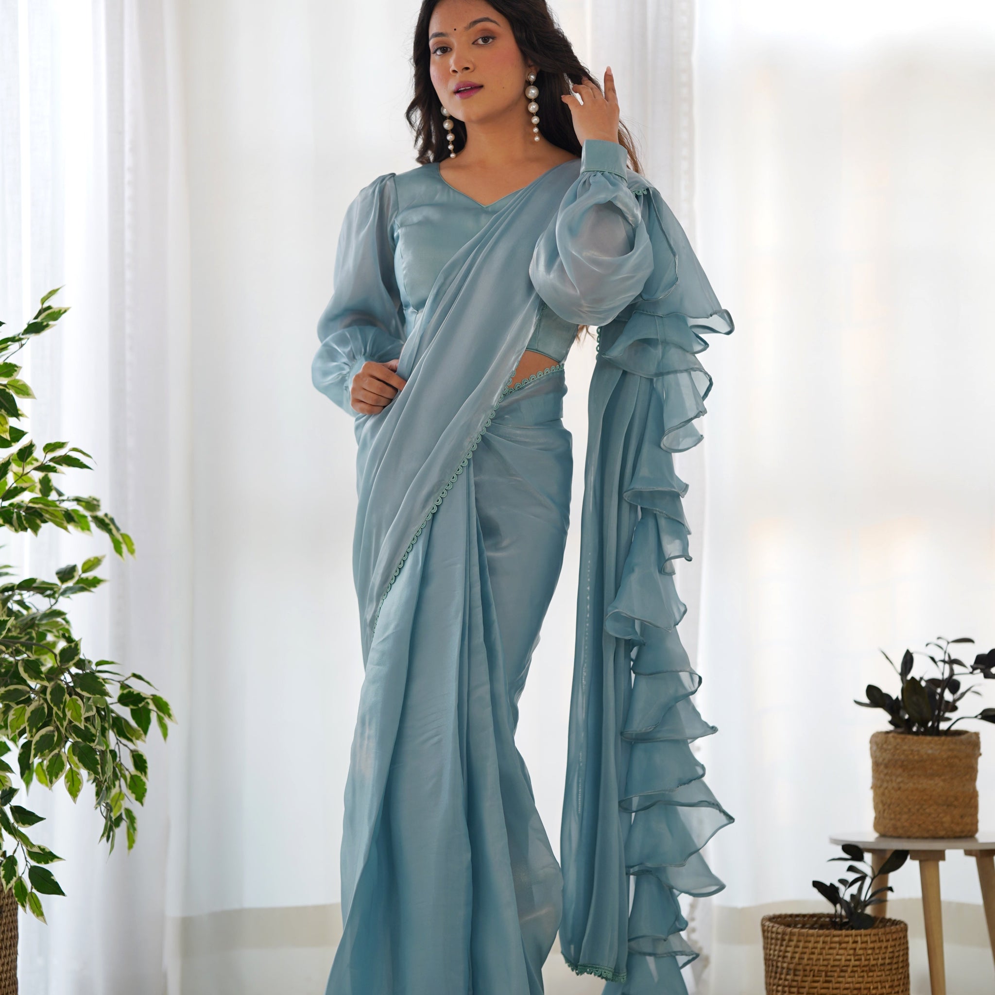 Sky Blue Color Jimmy Choo Ready To Wear Saree