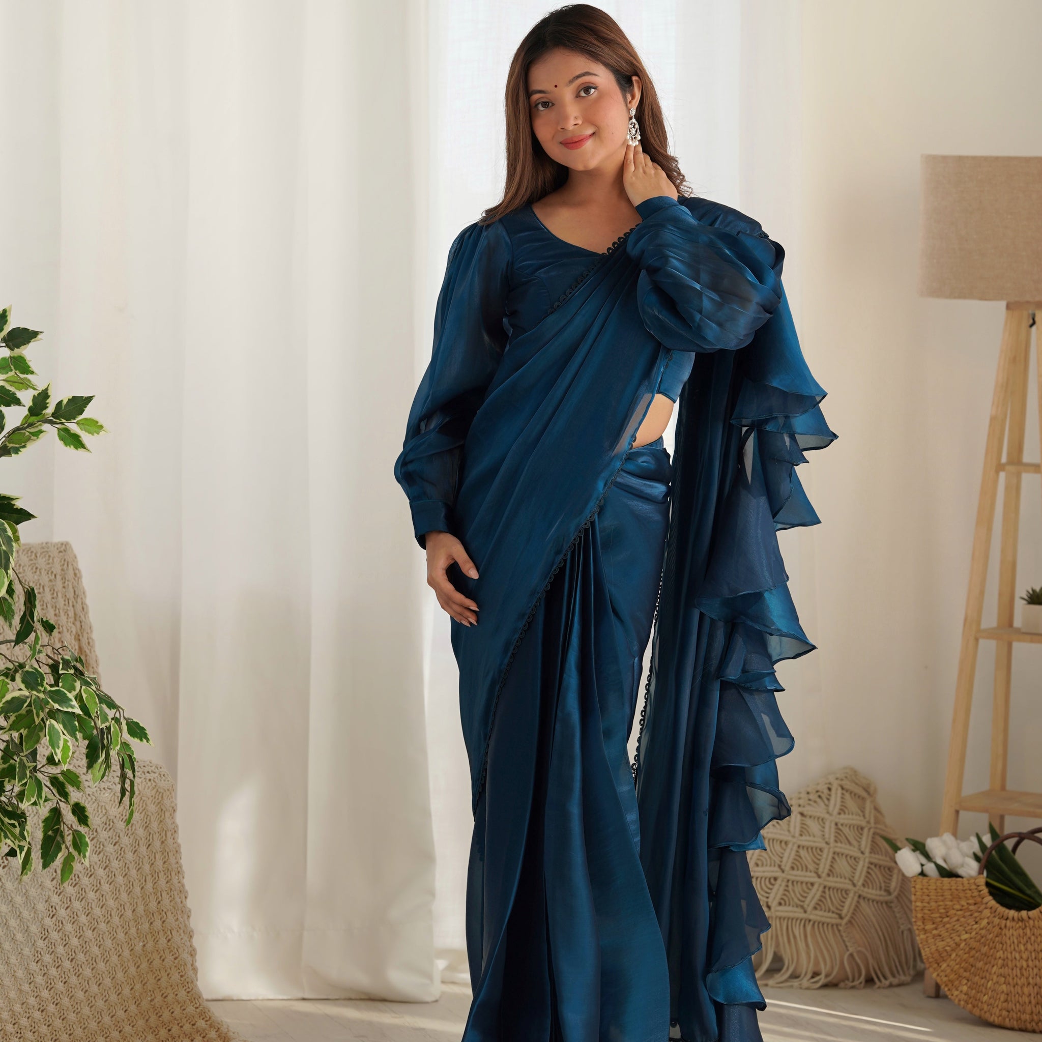 Teal Blue Color Jimmy Choo Ready To Wear Saree